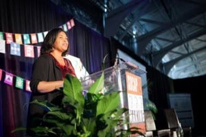 Lisa Hall, CEO of the Calvert Foundation, makes a point at SOCAP12 in San Francisco. Credit: SOCAP