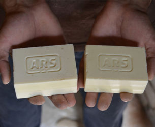 Two hands are pictured holding soap, representing how soap sparked job growth in Arslanbob, Kyrgyz Republic