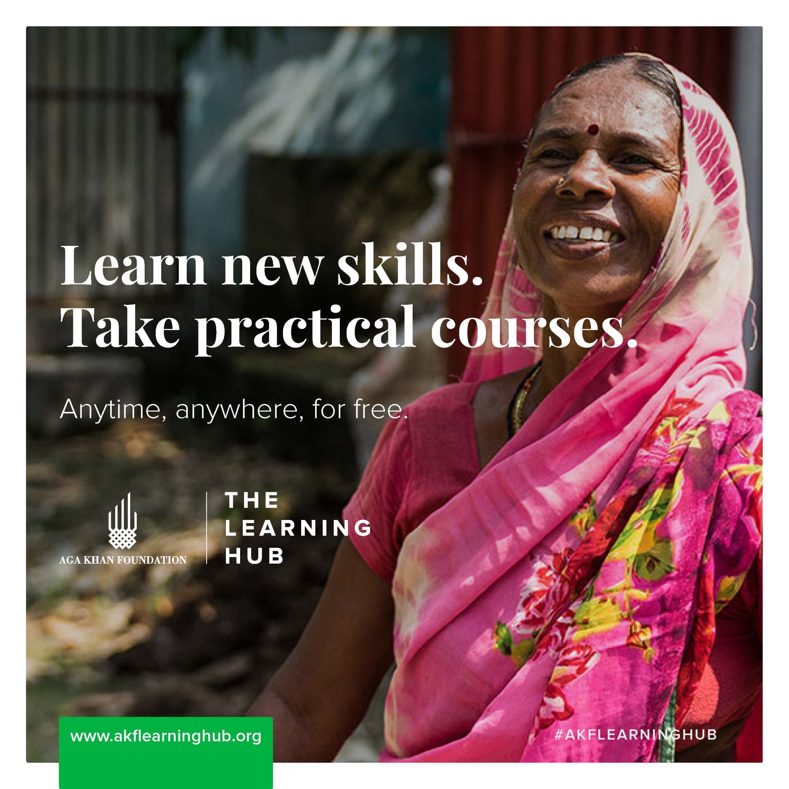 A woman wearing a pink sari smiles. Overlaid text saying "Learn new skills. Take practical courses."