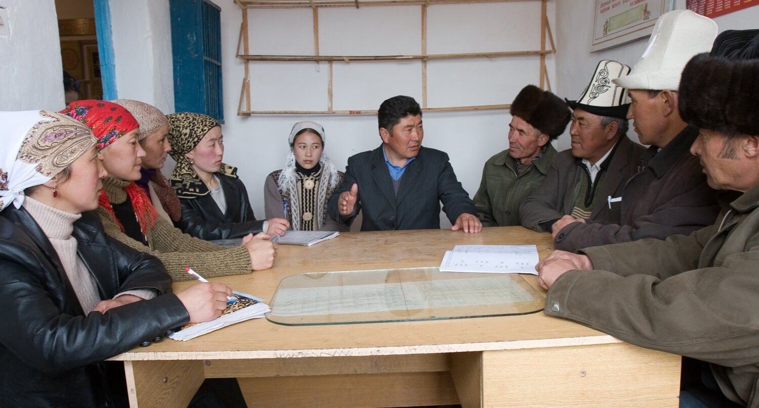 Community committee meeting taking place in the Kyrgyz Republic, as part of our social cohesion work in the region.
