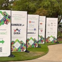 Banners with sponsor logos.