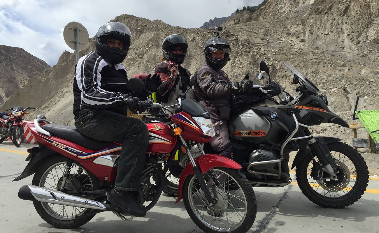 Suleman Lalani and two other motorcyclists during their trip through Pakistan.