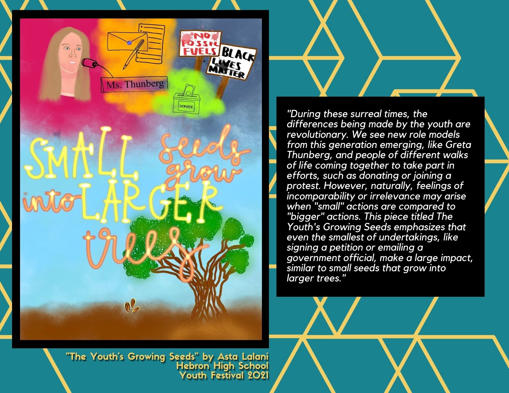 Artwork showing drawings of a tree, Greta Thunberg, and protest signs with the text "Small seeds grow into larger trees"