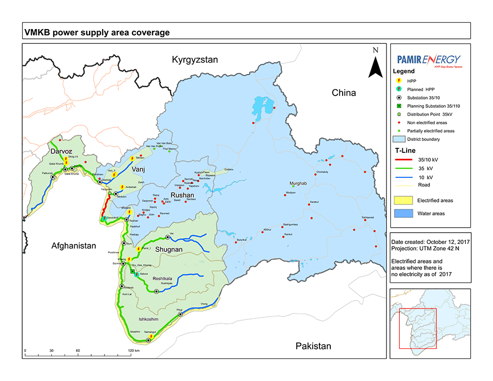 Map of Pamir Energy's current electricity coverage in the region.