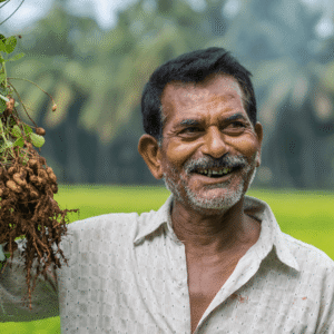Agriculture and Food Security: A Man holds up plants showing their roots in front of a green field
